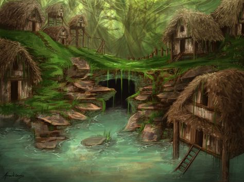 Hut Village, Virtual Villagers, Night Castle, Village Drawing, Fantasy Village, Forest City, Scene Art, Fantasy Places, Fantasy Art Landscapes