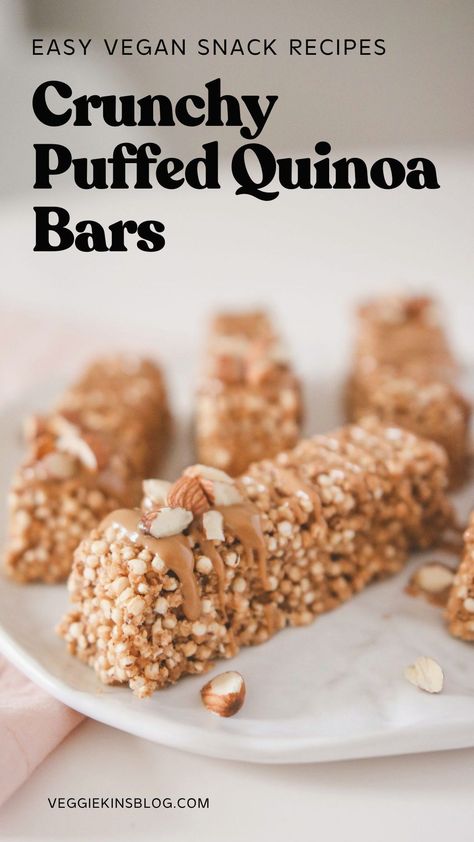 An easy way to make a healthy sweet snack bar with whole food plant-based ingredients. This Vanilla Cashew Puffed Quinoa Bar is a great alternative to Rice Krispie Treats, with nourishing ingredients that will keep you full and satisfied. One bowl, 5 ingredients, and no baking required! Healthy Quinoa Desserts, Quinoa Bars Healthy, Puffed Quinoa Bars, Puffed Quinoa Recipes, Quinoa Treats, Quinoa Dessert, Healthy Balls, Quinoa Desserts, Alternative To Rice