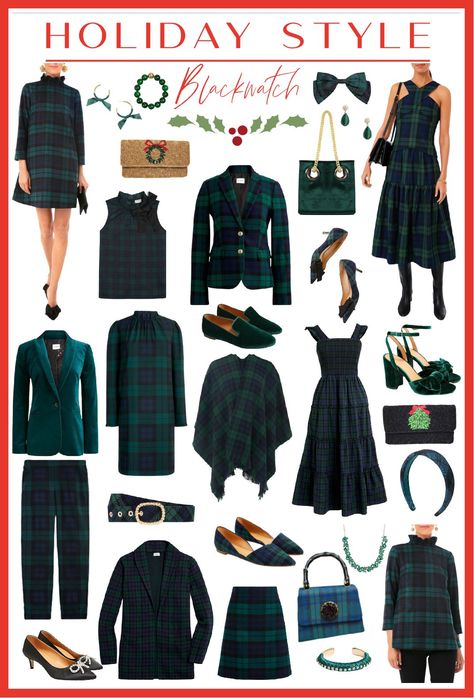 Black Watch Tartan Outfit, Plaid Holiday Outfits, Tartan Outfits For Women, Tartan Dress Outfit Winter, Green Tartan Dress, Tartan Family Christmas Pictures, Tartan Plaid Christmas Family Pictures, Green Tartan Skirt Outfit, Scottish Outfit Women