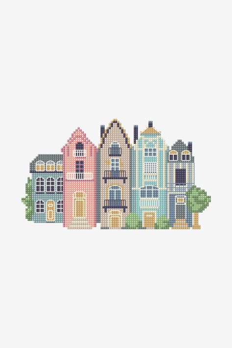 City Houses, Cross Stitch House, Hama Bead, Moon Pattern, Cross Stitch Patterns Free, Free Cross Stitch, Stitching Art, Modern Cross Stitch, Pattern Free