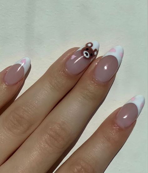 Nails Brown Short, Cute Bear Nails, French Tip Press On Nails, Nails Brown, Bears Nails, Short Coffin, Gel Nail Tips, Simple Acrylic Nails, Soft Nails