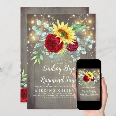 Sunflowers Burgundy Red Floral Rustic Fall Wedding Invitation Sunflowers Decor, Fall Birthday Invitations, Lilac Wedding Bouquet, Fall Bridal Shower Invites, Sunflower Themed Wedding, Sunflower Wedding Invitations, Burgundy Wedding Invitations, Roses Peonies, Lilac Wedding