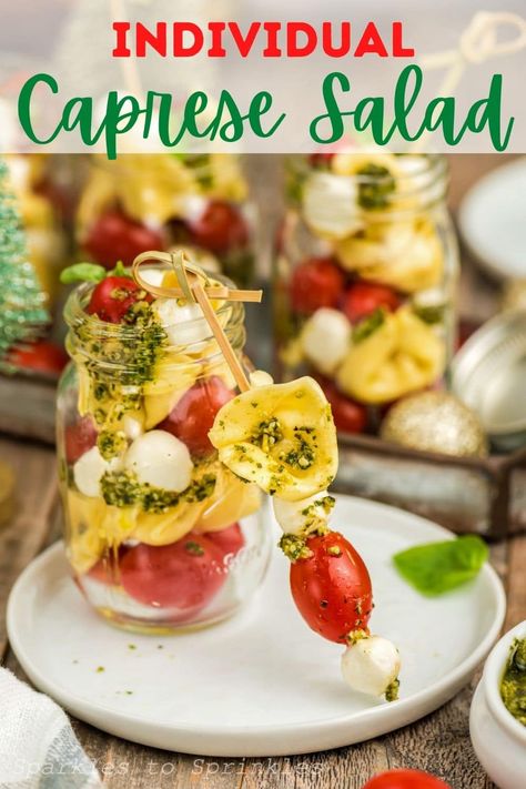 Individual Caprese Salad is an easy elegant appetizer that you will wow your guests with at any gathering, little will they know how easy it is to make with our 5 ingredient pesto that is then layered with juicy tomatoes, fresh mozzarella, cheese tortellini, which is drizzled with a sweet and tangy balsamic vinegar served in shooter glasses or mason jars. Elegant Appetizers, Crowd Pleasing Appetizers, Best Instant Pot Recipe, Cheese Tortellini, Party Food And Drinks, Juicy Tomatoes, Trending Recipes, 5 Ingredient, Fresh Mozzarella