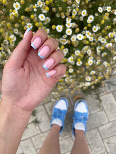 Light Blue French Nail Designs, Summer Nails French Tip Square, Blue French Square Nails, Blue French Nails Square, Blue France Nails, Sky Blue French Tip 1.5, Blue French Tip Nails Square, Baby Blue French Nails, French Manicure Blue