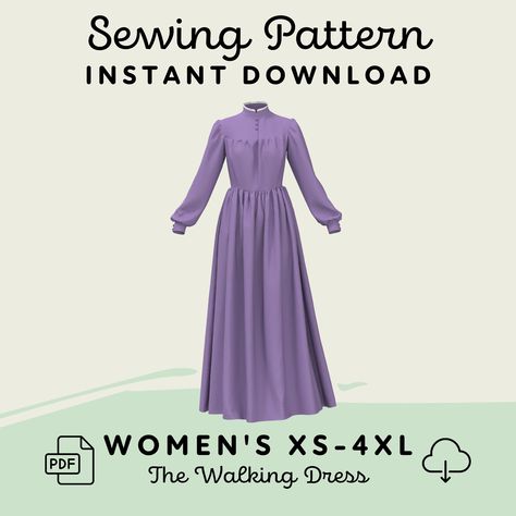 "The Walking Dress Pattern ➽ INSTANT DOWNLOAD Create a cosplay inspired by an Edwardian Walking dress. This simplified Gilded Age dress pattern makes a great starting point for your Halloween Costume, Prairie Reenactment Dress, Cosplay, or Dickens Holiday Fair outfit! Featuring a high collar with long puff sleeves and a gathered bodice, this retro style harkens back to the grace of La Belle Époque Day Dresses while still being approachable for a modern wearer. Pattern includes PDF files in 8 sizes for a high collar long sleeved dress. ✤ THIS IS A DIGITAL DOWNLOAD SEWING PATTERN ✤ Download includes: ✔ 39-page Illustrated Instruction Guide, Yardage & Supplies List, Modification Tips, and a Print Assembly Guide. ✔ 8 PDF pattern sizes (US Women's XS-4XL) ✔ 8 Letter / A4 sized \"Print at Home\" High Collar Dress Pattern, Edwardian Walking Dress, Long Sleeve Dress Sewing Pattern, Edwardian Dress Pattern, Collar Dress Pattern, Cosplay Patterns, Victorian Dress Pattern, Fair Outfit, Walking Dress