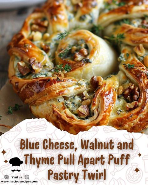 Luscious Recipes | Blue Cheese, Walnut and Thyme Pull Apart Puff Pastry Twirl | Facebook Pull Apart Puff Pastry, Honey Puff Pastry, Luscious Recipes, Honey Puffs, Savory Puff Pastry, Cheese And Honey, Bread Roll, Homemade Butter, Party Foods