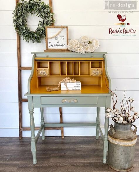 Roll Top Desk Entryway, Secretary Decorating Ideas, Boho Secretary Desk, Farmhouse Writing Desk, Small Roll Top Desk Makeover, Painted Vintage Desk, Antique Writing Desk Makeover, Vintage Desk Aesthetic, Roll Top Desk Makeover Ideas