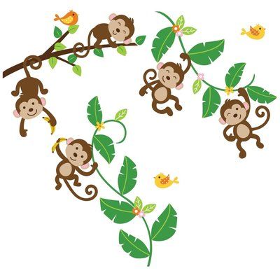 Isabelle & Max™ Five Little Monkeys Nursery Wall Decal are swinging from the trees! These playful little critters have come to frolic on the walls and bring the jungle to your room. They’ve even brought the bananas! Hanging vines, orange and yellow birds, and tiny flowers pull this lively set of decals together. | Isabelle & Max™ Five Little Monkeys Nursery Wall Decal, Vinyl in Brown/Green, Size 18"H X 11"W | Wayfair | Home Decor Birch Tree Nursery, Jungle Wall Decals, Baby Wall Stickers, Monkey Nursery, Cloud Wall Decal, Bible Wall Decals, Heart Wall Decal, Monkey Wall, Five Little Monkeys