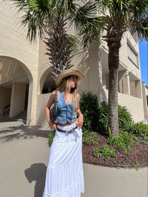 #fashion #maxiskirt #aesthetic #summerstyle #coachella #trendy #trendystreetstyle #trendysummeroutfits #country #cowgirl #boots #whiteskirt #tieredskirt #denim #denimvest #levi #dolcevita #stevemadden #coquette Denim Vest White Skirt, Denim Vest Outfit Summer, White Tiered Skirt, Denim Vest Outfit, 2024 Era, Cowgirl Style Outfits, Country Cowgirl, Mom Party, Vest Outfit