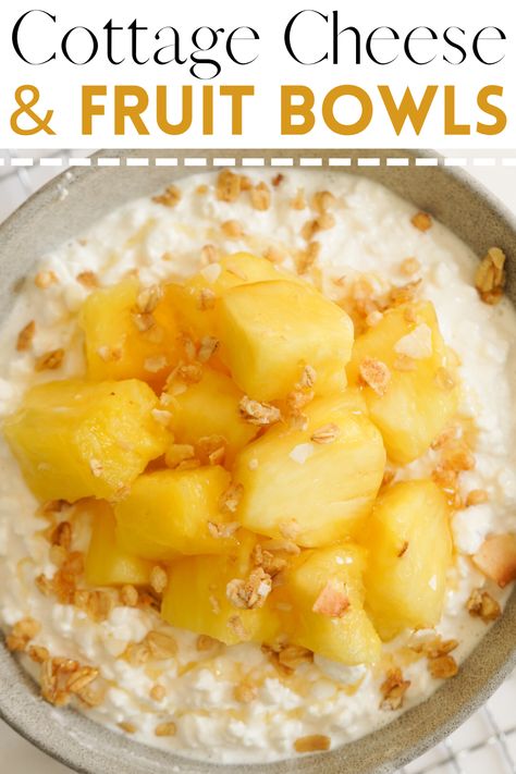 Cottage Cheese with Fruit is a nutritious and delicious breakfast or snack option! Assembled in less than 5 minutes, this quick and easy “recipe” is packed with protein and fiber. Plus the additional toppings of your choice – like granola, nuts, or seeds – can make these satisfying bowls even better. Cottage Cheese And Fruit Breakfast, Cottage Cheese Recipes With Fruit, Cottage Cheese Bowls Sweet, Fruit And Cottage Cheese, Cottage Cheese And Fruit Recipes, Cottage Cheese And Peaches, Cottage Cheese Fruit Bowl, Cottage Cheese Topping Ideas, Cottage Cheese With Fruit