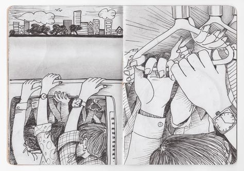 Inside a Stranger’s Sketchbook | The New Yorker Crowded Train, Train Sketch, Train Drawing, Storyboard Illustration, Perspective Drawing Architecture, Sketchbook Project, The Sketchbook, Comic Style Art, Fire Heart