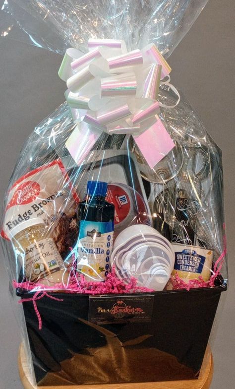 Baking Gift Basket Cake Pan Cupcake Pan Measuring Cups Oil Bottle Coconut Oil Brownie Mix Vanilla Extract Oven Mit Baking Sifter Sweetened Condensed Creamer Baker Gift Basket, Silent Auction Gift Basket Ideas Unique, Baking Gift Basket Ideas, Cupcake Gift Baskets, Coconut Oil Brownies, Silent Auction Gift Basket Ideas, Baking Gift Basket, Auction Gift Basket Ideas, Baking Basket