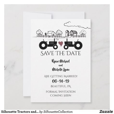 Silhouette Tractors and Farm Black - White Wedding Save The Date #savethedatecards #weddingsavethedates #farmwedding #tractorwedding #tractors #farm Tractor Wedding Decorations, Farm Wedding Invitations, Wedding Tractor, Tractor Wedding Invitations, Wedding Tractor Pictures, Tractor Wedding, Farm Invitation, Unique Save The Dates, Invite Ideas