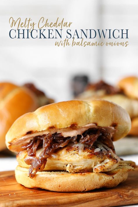 Monterey Chicken Sandwiches are simple to make, requiring just 30 minutes prep and basic ingredients. Toasted brioche buns topped with pan-seared chicken, Monterey Jack cheese and caramelized balsamic onions. via @Simply Sissom Brioche Buns Sandwiches, Croque Sandwich, Chicken Monterey, Sliders Recipes, Monterey Chicken, Hot Sandwiches, Balsamic Onions, Specialty Sandwiches, Seared Chicken