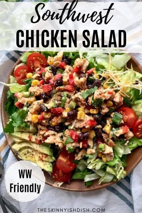 My Southwest Chicken Salad is an easy and delicious salad recipe to make up for healthy lunches and meal prep this week. Cool and crisp lettuce with chicken, black beans, corn and more gets dressed with a creamy and delicious greek yogurt dressing for the most perfect salad to enjoy year round! #southwest #chickensalad #ww Salad At Home, Easy Baked Chicken Breast, Greek Yogurt Dressing, Southwest Chicken Salad, Southwest Salad, Spicy Salad, Perfect Salad, Southwest Chicken, Seasoned Chicken