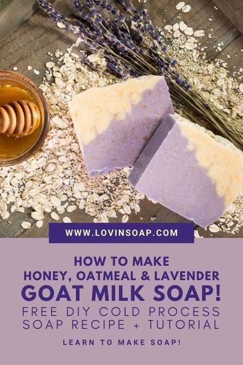 Learn how to make this goat milk soap + honey, oatmeal & lavender EO through my free DIY cold process soap recipe + tutorial on the Blog! I’ll walk you through the process from preparing the milk to the cut! For beginner soap makers, we’ve included our free basic cold process soapmaking guide PDF eBook with a more detailed walk-through of the soap making process from start to finish, including lye safety. Click through to Lovin’ Soap, and let’s make soap! Moisturizing Goat Milk Soap Recipe, Oatmeal Honey Goat Milk Soap Recipe, Making Goat Milk Soap, Diy Goat Milk Soap, Shampoo Making, Goat Milk Soap Recipe, Milk Soap Recipe, Homemade Goat Milk Soap, Natural Soaps Recipes