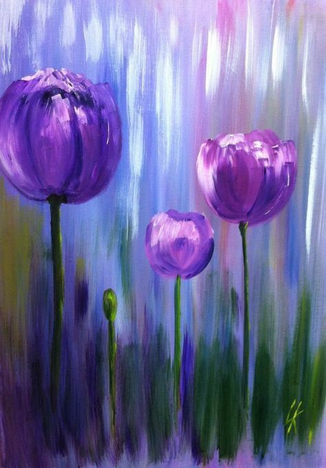 Flower Paint And Sip, Purple Flowers Acrylic Painting, Purple Tulip Painting, Acrylic Painting Tulips, Tulip Acrylic Painting, Easy Flower Painting, Acrylic Painting Flowers, Paint Night, Purple Tulips