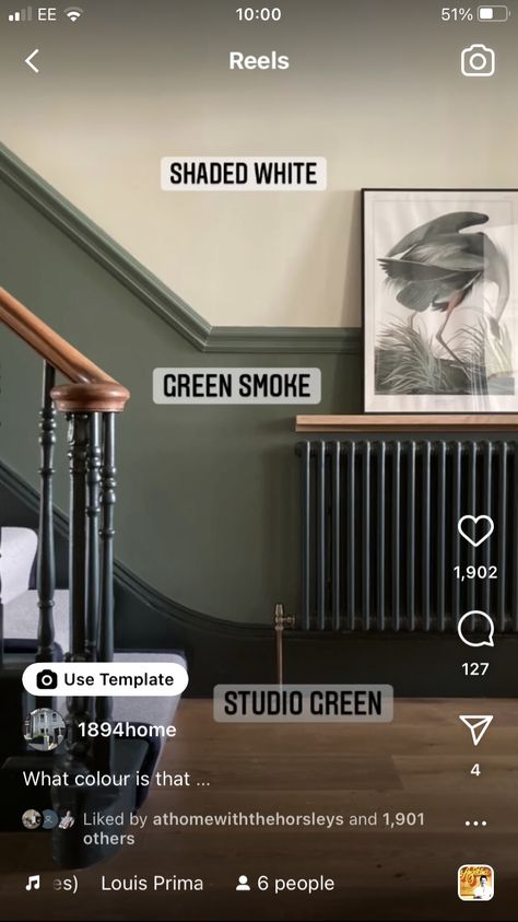 Black Stairs Green Wall, Green And White Staircase, Green Stair Panelling, Black Hallways And Stairs, Dark Green Hallway And Stairs, Panelled Hallway Colour Ideas, Landing And Hallway Colour Ideas, Sage And Grey Hallway, Green Painted Hallway