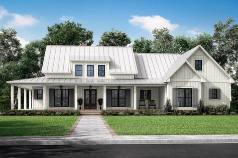 Modern 3-Bedroom 1-Story Farmhouse with 10'-Deep Wrap Around Porch and a Bonus Room (Floor Plan) Single Story Farmhouse Plans, Cottage Plans, Farmhouse Style House Plans, Farmhouse House, Farmhouse Plan, Wrap Around Porch, Up House, House Plans Farmhouse, Modern Farmhouse Plans