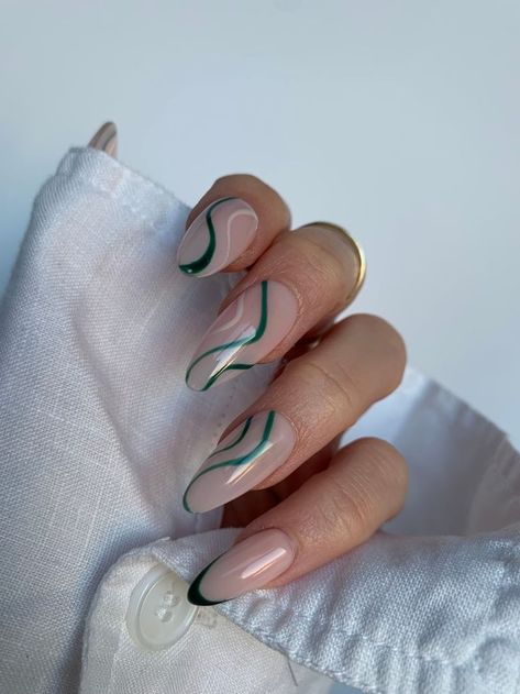 Nail Swirls, Green Nail Art Ideas, Detail Nails, Line Nails, Swirl Nails, Nail Stamp, Maroon Nails, Medium Almond, Nails Salon