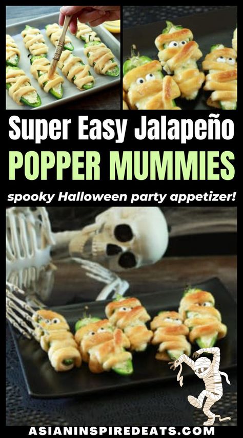 a plastic skeleton set up behind a plate of jalapeno popper mummies with googly eyes Super Easy Appetizers, Creepy Halloween Party, Mummy Recipes, Scary Food, Halloween Party Appetizers, Cream Cheese Crescent Rolls, Jalapeno Popper, Halloween Appetizers, Crescent Roll Dough