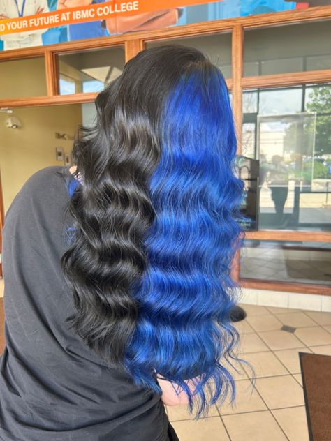 Brown And Blue Split Dye, Split Dye Blue And Black, Blue And Black Hair Split, Split Dyed Hair Blue, Black And Purple Split Dye, Half Black Half Blue Hair, Blue Split Dye Hair, Black Split Dye Hair, Blue Split Dye