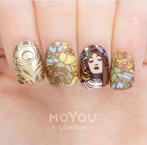 Art Nouveau is not exclusive to canvases, hallways, stairs, doors, and windows alone; it applies to all medium possible for art, including nails! This nail art definitely nailed it (no pun intended) with its feminine and organic design. London Nails, Feminine Art, Japanese Woodblock Printing, Liquid Gold, Brown Nails, Yellow Nails, Prom Nails, Organic Design, Jan 20