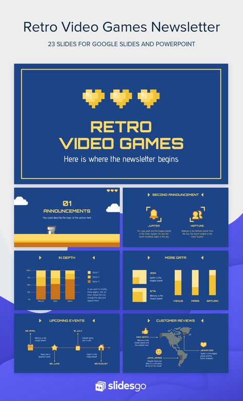 Disseminate Retro Video Games news with this arcade-like template with a lot of pixelated elements, available as Google Slides theme and PowerPoint template! Game Ppt Template, Game Presentation Design, Game Presentation, Cute Powerpoint Templates, Powerpoint Slide Designs, Slides Design, Google Slides Theme, Powerpoint Design Templates, Powerpoint Background Design