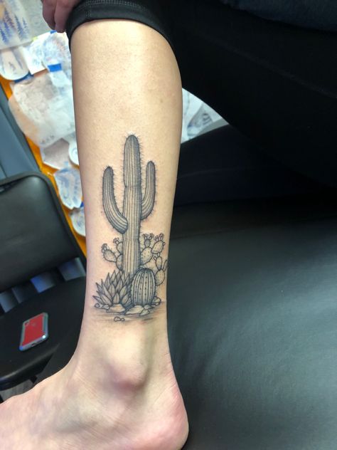 Colored Desert Tattoo, Cactus Leg Tattoos Women, Cactus Tattoo Cover Up, Cactus Tattoo On Leg, Black And Grey Cactus Tattoo, Unique Cactus Tattoo, Tattoo Ideas Cactus, Cactus Garden Tattoo, Arizona Tattoo Sleeve