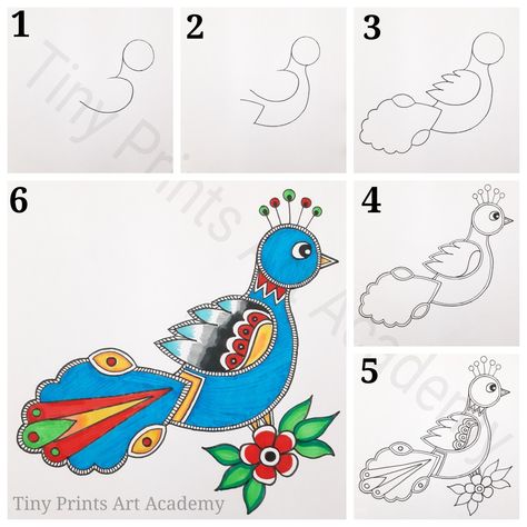 Madhubani Art Tutorial, Madhubani Paintings Peacock Easy, Peacock For Kids, Madhubani Peacock, Madhubani Paintings Peacock, Peacock Motif, Madhubani Paintings, Fabric Painting Techniques, Indian Arts And Crafts