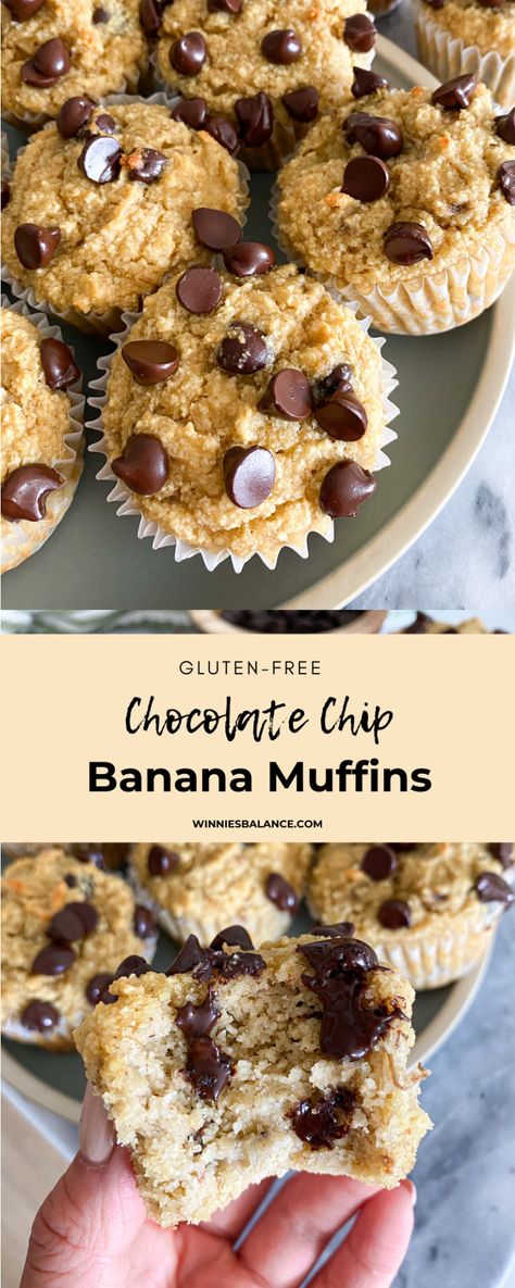 Chocolate Chip Banana Muffins with Almond Flour (Gluten Free, Paleo) - WINNIESBALANCE Gluten Free Banana Chocolate Chip Muffin, Muffins With Almond Flour, Gf Muffins, Gf Ideas, Chocolate Chip Banana Muffins, Gluten Free Banana Muffins, Almond Flour Muffins, Banana Bread Loaf, Banana Oat Muffins