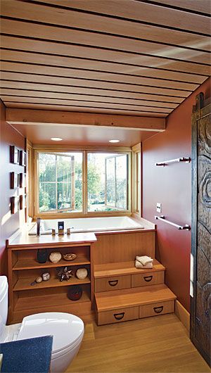 Small-Bath Serenity Japanese Bathroom Design, Asian Bathroom, Small Space Bathroom Design, Japanese Bathroom, Japanese Soaking Tubs, Zen Bathroom, Attic Design, Asian Homes, Attic Renovation