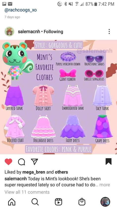 Gift Guide Acnh, Grape Dress, Acnh Villagers, Dollhouse Dresses, Dolly Shirt, Acnh Ideas, Layering Tanks, Purple Shirt, Fairy Dress