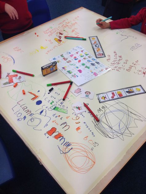 Children loved the free writing phonics table. Lots of independent word building. Phonics Area, Reception Phonics, Superheroes Eyfs, Eyfs Phonics, Reception Classroom, Funky Fingers, Continuous Provision, Eyfs Classroom, Early Years Classroom