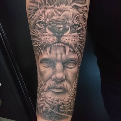 10+ Best Hercules and Lion Tattoo Designs | PetPress Nemean Lion Tattoo, Hercules Lion Tattoo, Zeus Tattoo Design Greek Gods, Zeus Tattoo Design Ideas, Hercules Lion, Zeus Tattoo Design, Lion Sleeve, Hercules Tattoo, Greek Tattoo