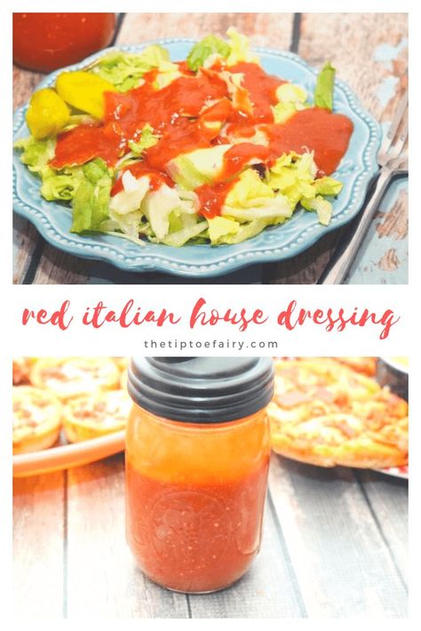 Do you ever order the house dressing at the local Italian restaurant?  It's my absolute favorite salad dressing! I tested and searched and finally found the SECRET Ingredient to make Red Italian House Dressing. #italianfood #italianrecipes #saladdressings #salad Italian House Dressing, House Dressing Recipe, Tomato Salad Dressing, Italian Dressing Recipe, Pasta House, Italian Dressing Recipes, Pasta Restaurants, Zesty Italian Dressing, House Dressing