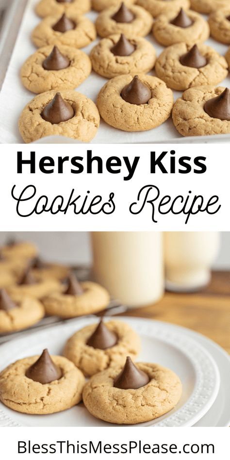 Hershey Kiss Cookies are a soft, chewy cookie dough, dotted with delightful Hershey's Kisses nestled right in the center. Hersey Kiss Cookies, Cookies With Hershey Kisses, Kiss Cookies Recipe, Kiss Cookie Recipe, Hershey Kiss Cookies, Hershey Cookies, Peanut Butter Blossom Cookies, Kiss Cookies, Blossom Cookies