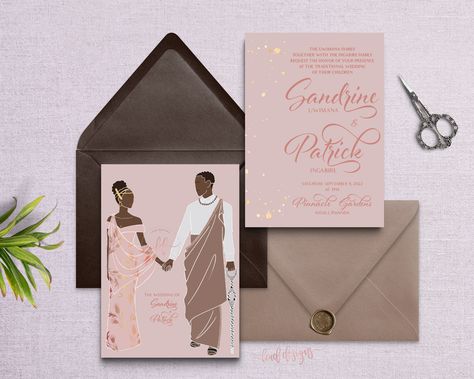 This invitation is customized by me and printed by you.  ** Je parle Francais, envoyez moi un message **   Congratulations on your engagement ! Félicitations pour vos fiançailles! This design was inspired by the rich culture of East Africans, it's delicate and flowery but still manages to capture the strength of the people. Featuring Rose Gold and Brown colors, this suite is the perfect complement to your traditional wedding. It will bring a chic and unique African inspired touch to the festivit Ghana Wedding, Unique Wedding Cards, Congratulations On Your Engagement, African Traditional Wedding, Traditional Wedding Invitations, Invitation Wedding, Invitation Card Design, African Wedding, Printed Invitations