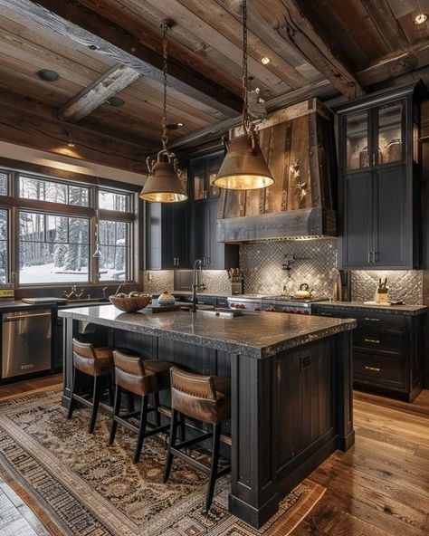 Black And Cedar House Interior, Dark And Wood Kitchen, Black And Wood House Interior Design, Rustic Black Kitchen Cabinets, Reclaimed Wood Kitchen Cabinets, Dark Kitchen Aesthetic, Cabin Style Kitchen, Barndo Interior, Unique Kitchen Backsplash Ideas