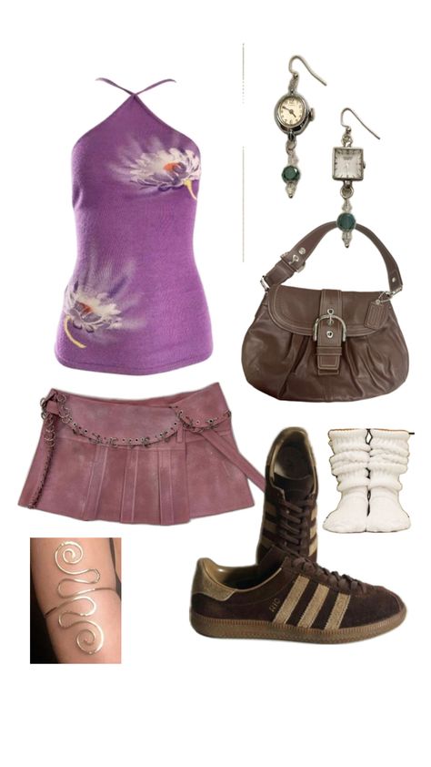 summer outfit skirt sambas brown purple halter top scrunch socks Brown And Purple Outfit, Halter Top Outfit, Purple Halter Top, Scrunch Socks, Thrifted Outfit, Purple Outfit, Purple And Brown, Summer Outfit, Halter Top