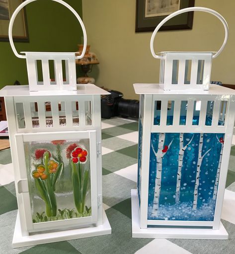 Lanterns from IKEA ($6.99 CAD) transformed into beautiful creations) Ikea Lantern, Fused Flowers, Frit Painting, Glass Lanterns, Fusing Glas, Glass Lights, Lantern Ideas, Fused Glass Artwork, Glass Fusing Projects