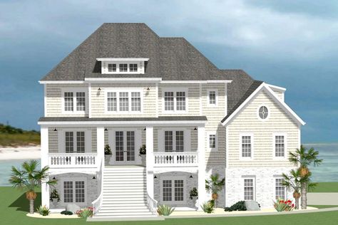 3-Story 5-Bedroom Exclusive Southern Beach House with Two Laundry Rooms and Optional In-law Suite (House Plan) Raised House Plans, Southern Beach House, Raised Beach House, Large Beach House, Beach House Layout, Entry Dining Room, Beach House Flooring, Beach House Floor Plans, Elevated House