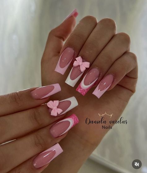 Bow Nail Designs, Acrylic Nails Almond Shape, Girly Acrylic, Ombre Acrylic Nails, Simple Gel Nails, Summery Nails, Girly Acrylic Nails, French Acrylic Nails, Classy Acrylic Nails