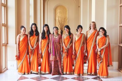 The Wedding Planning Company Orange Bridesmaids, Bridesmaid Sarees, Indian Wedding Lehenga, Indian Bridesmaid Dresses, Indian Bridesmaids, Orange Bridesmaid, Matching Bridesmaids, Orange Bridesmaid Dresses, Sari Design