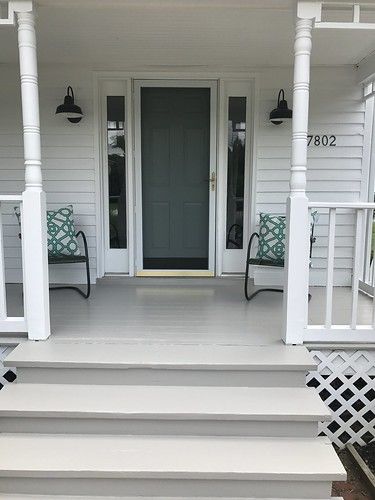 Painted Front Porch Floors, Gray And White Front Porch, Paint Front Porch Wood, Painting Front Porch Wood, Painted Front Deck, Porch Paint Colors Wood, Painting Porch Wood, Painted Front Porch Wood, Front Porch Floor Colors