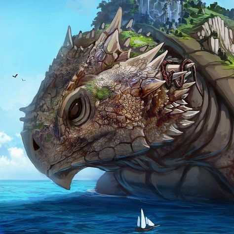 The giant dragon-turtle is alive, but there's a thriving city on top of it. They placate it sometimes with sweets. Also plot hook for later -> the turtle is needed for battle, but that means everyone must abandon their homes. An Animal, The Ocean, Floating, Castle, Water