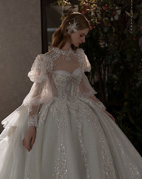 Silver Ball Gown Aesthetic, White Gown With Pearls, Victorian Wedding Dress Aesthetic, Majestic Dresses Gowns, Fantasy Style Wedding Dress, White Wedding Dress With Pink Accents, Long Sleeve Puffy Wedding Dress, Fairy Queen Wedding Dress, Fantasy Inspired Wedding Dress