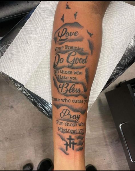 Fill In Gaps Tattoo, Bible Quotes Tattoos For Men, Writing Tattoos For Men, Tattoos Kids Names, Bible Verse Tattoos For Men Forearm, Meaningful Tattoos For Men Unique, Tattoo Ideas For Men Meaningful, Forearm Script Tattoo, Bible Verse Tattoos For Men