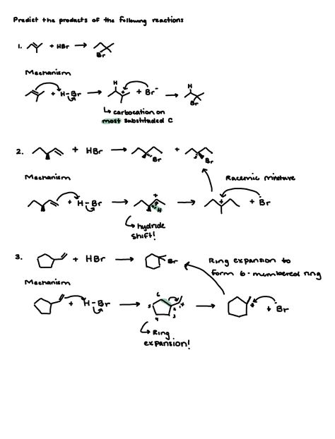 The mechanism of adding HBr to an alkene follows a standard mechanism in organic chemistry. Here are three examples of different reactions between alkenes and HBr with products and arrow pushing mechanisms. Organic Chemistry Reaction Mechanisms, Organic Chemistry Reactions, Romanticizing School, Organic Chemistry, Problem And Solution, Study Tips, Chemistry, Nursing, Education