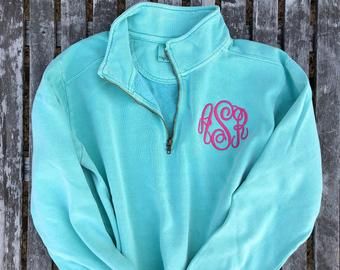 Monogram Pocket Tees, Monogram Jacket, Pink Thread, Applique Monogram, Comfort Colors Sweatshirt, Circle Monogram, Quarter Zip Sweatshirt, Monogram Styles, Embroidered Jacket